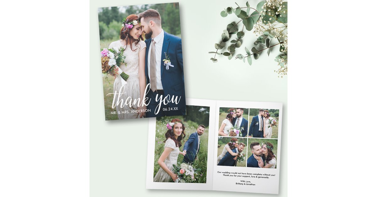 Modern Calligraphy 6 Photo Wedding Folded Thank You Card | Zazzle