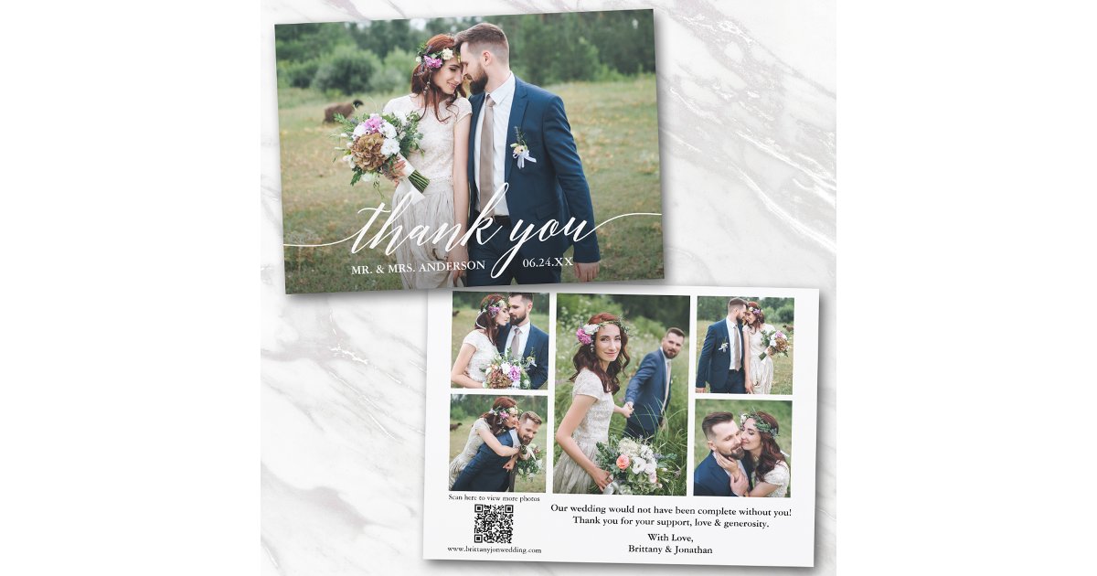 Modern Calligraphy 6 Photos QR Code Wedding Thank You Card | Zazzle