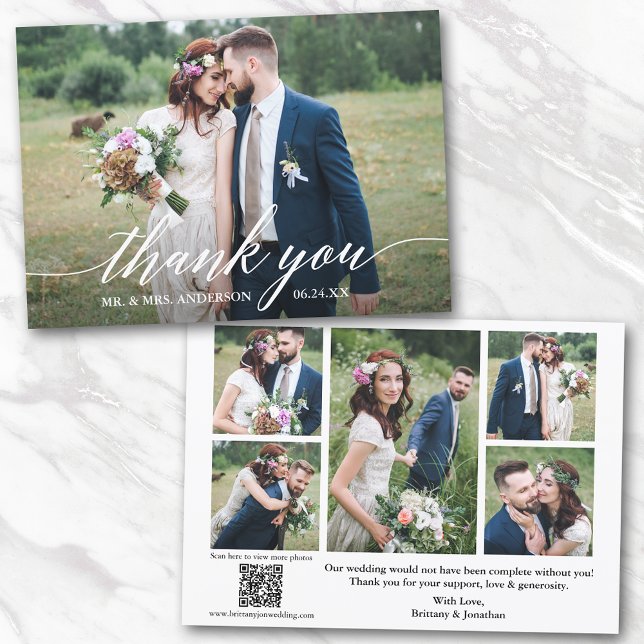 Modern Calligraphy 6 Photos QR Code Wedding Thank You Card (Add your wedding website link to the QR Code so guests can scan & view more of your photos online.)