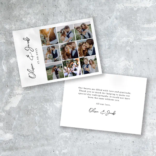 Modern Calligraphy 9 Photo Collage Wedding Thank You Card | Zazzle