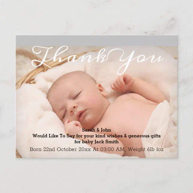 Modern Calligraphy Baby Birth Photo Thank You Announcement Postcard ...