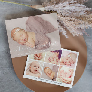 Modern Calligraphy Baby Girl Photo Collage Birth Announcement