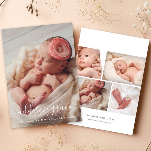 Modern Calligraphy Baby Girl Portrait Photo Birth Announcement (Creator Uploaded)