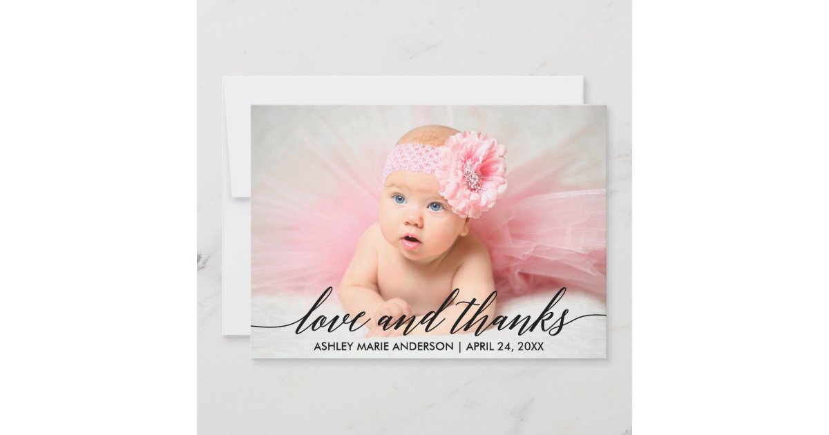 Modern Calligraphy Baby Love and Thanks Photo Thank You Card | Zazzle