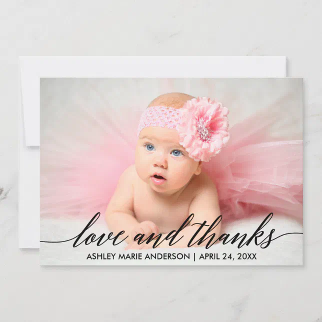 Modern Calligraphy Baby Love and Thanks Photo Thank You Card | Zazzle