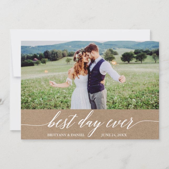 Modern Calligraphy Best Day Ever Wedding Kraft Thank You Card (Front)