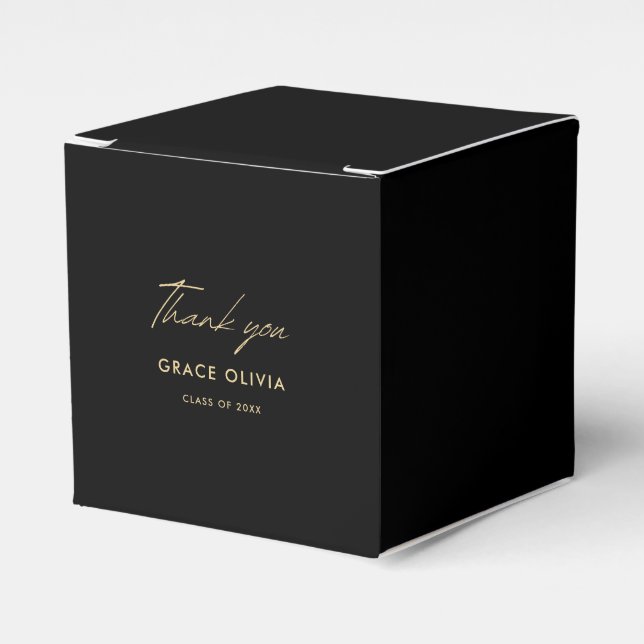 Modern Calligraphy Black and Gold Graduation Favor Boxes (Front Side)