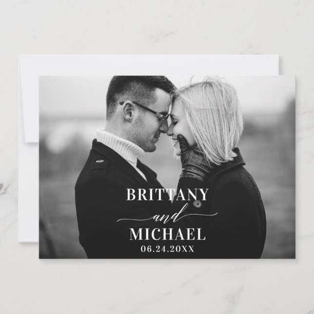 Modern Calligraphy Black and White Photo Save The Date (Front)