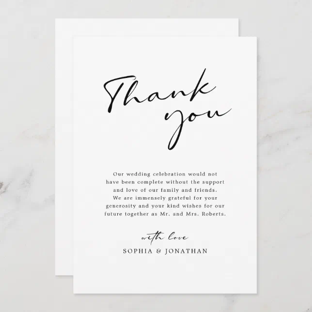 Modern Calligraphy Black and White Simple Wedding Thank You Card | Zazzle