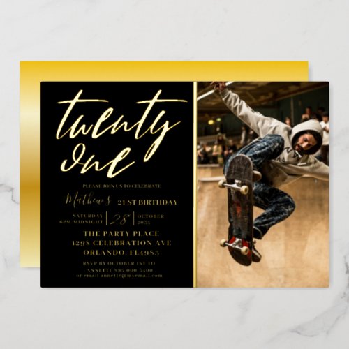 Modern Calligraphy Black  Gold 21st Birthday  Foil Invitation