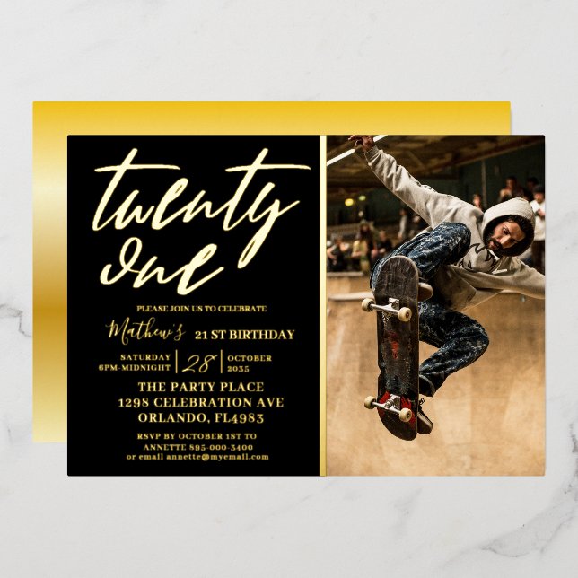 Modern Calligraphy Black & Gold 21'st Birthday  Foil Invitation (Front/Back)