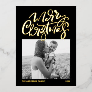Modern Calligraphy Black Merry Christmas Photo Foil Holiday Postcard