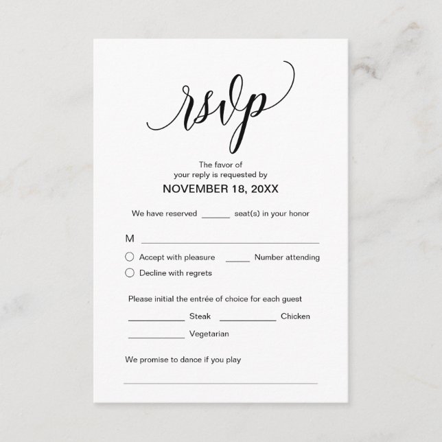 Modern Calligraphy, Black, Wedding Dinner RSVP Enclosure Card (Front)