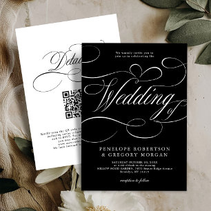 Modern calligraphy black white QR code wedding Invitation