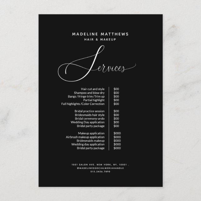 Modern Calligraphy Black White Salon Price List Menu (Front)