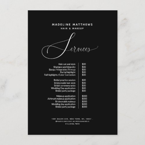 Modern Calligraphy Black White Salon Price List Menu