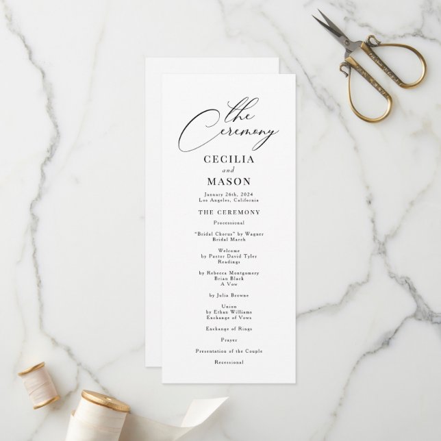 Modern Calligraphy Black & White Wedding Program (Front/Back In Situ)