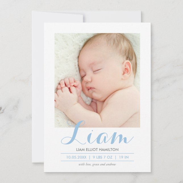 Modern Calligraphy Blue | Birth Announcement (Front)