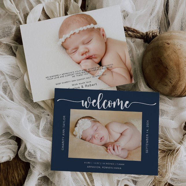 Modern Calligraphy Blue Birth Announcement Card (Creator Uploaded)