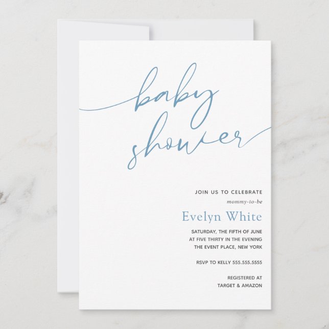 Modern Calligraphy Blue Boy Baby Shower Invitation (Front)