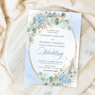 Modern Calligraphy Blue Floral Gold Wedding Invite