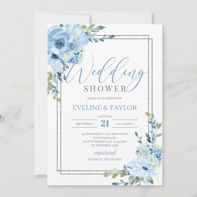 Modern calligraphy blue floral wedding shower invitation (Front)