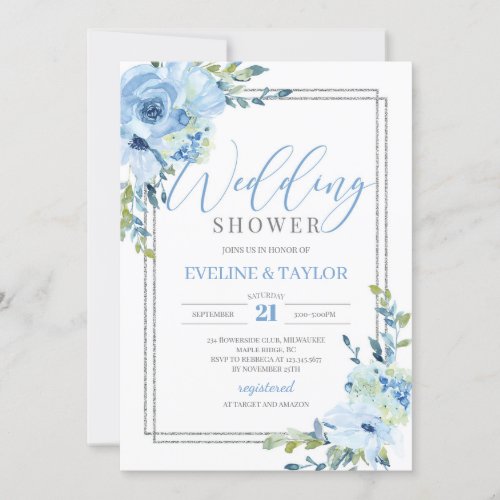 Modern calligraphy blue floral wedding shower invitation