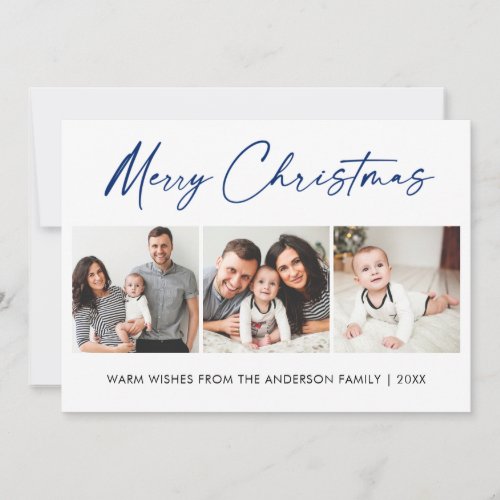 Modern Calligraphy Blue Ink 3 Photo Christmas Holiday Card