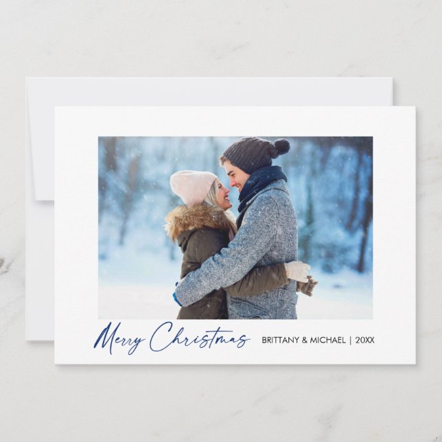 Modern Calligraphy Blue Ink Script Couple Photo Holiday Card (Front)