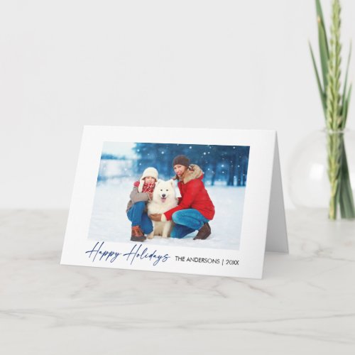 Modern Calligraphy Blue Ink Script Folded Photo Holiday Card