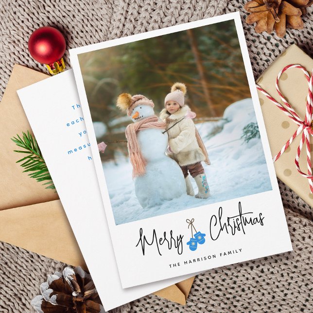 Modern Calligraphy Blue Mittens Photo Flat Holiday Card (Modern Calligraphy Blue Mittens Photo Flat Holiday Card)
