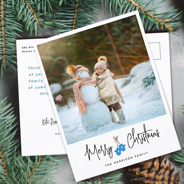 Modern Calligraphy Blue Mittens Photo Holiday Postcard (Modern Calligraphy Blue Mittens Photo Holiday Postcard)