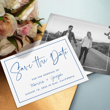 Modern Calligraphy Blue Non-photo Save The Date by beckynimoy at Zazzle