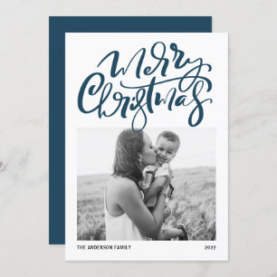 Modern Calligraphy Blue Photo Merry Christmas Holiday Card