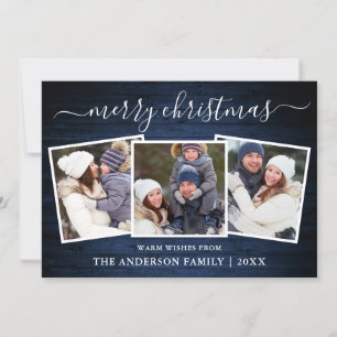 Modern Calligraphy Blue Wood 3 Photo Christmas Holiday Card
