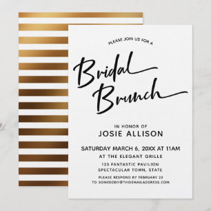 Modern Calligraphy Bridal Brunch Striped Gold Back Invitation