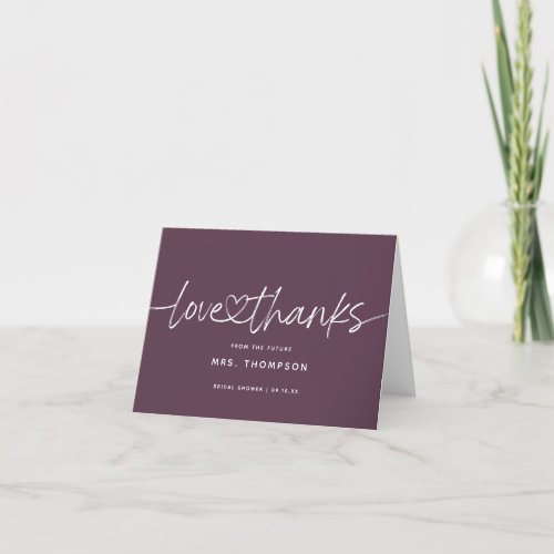 Modern Calligraphy Bridal Shower Plum Purple Thank You Card