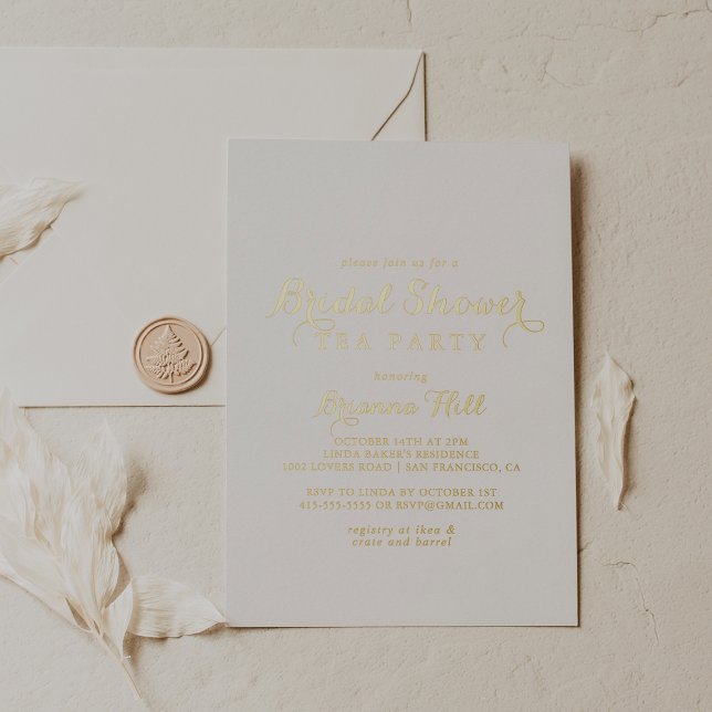 Modern Calligraphy Bridal Shower Tea Party Gold Foil Invitation (Creator Uploaded)