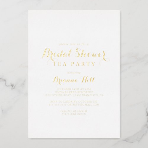 Modern Calligraphy Bridal Shower Tea Party Gold Foil Invitation