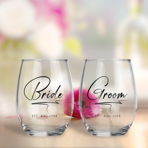 Modern Calligraphy Bride  Groom Black ID1025 Stemless Wine Glass