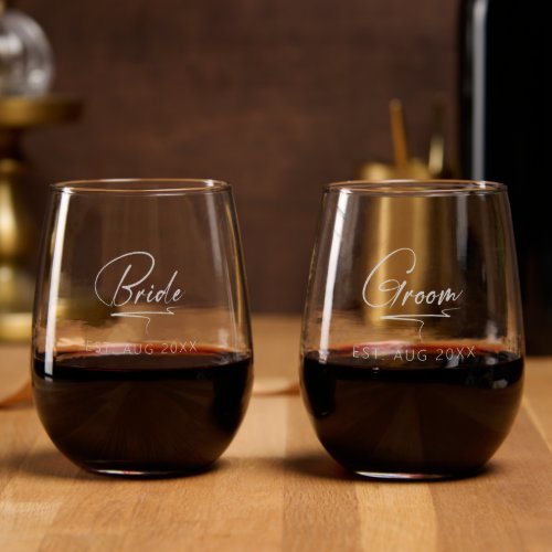 Modern Calligraphy Bride  Groom ID1025 Stemless Wine Glass