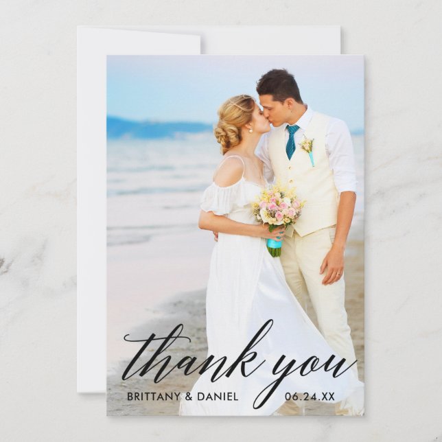 Modern Calligraphy Bride Groom Photo Wedding Blk Thank You Card (Front)