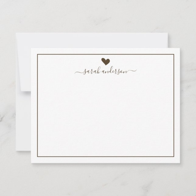 Modern Calligraphy Brown Heart Personalized Note Card (Front)