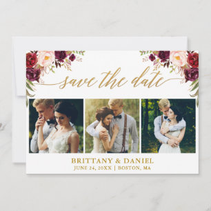 Modern Calligraphy Burgundy Floral 3 Photo Gold Save The Date