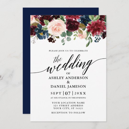 Modern Calligraphy Burgundy Floral Blue Wedding Invitation | Zazzle.com