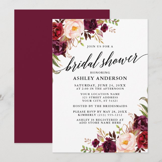 Modern Calligraphy Burgundy Floral Bridal Shower Invitation (Front/Back)