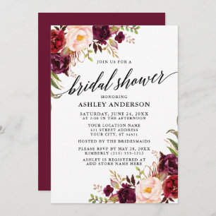 Modern Calligraphy Burgundy Floral Bridal Shower Invitation