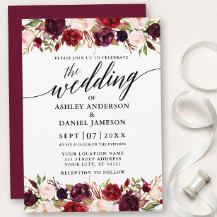 Modern Calligraphy Burgundy Floral Elegant Wedding Invitation