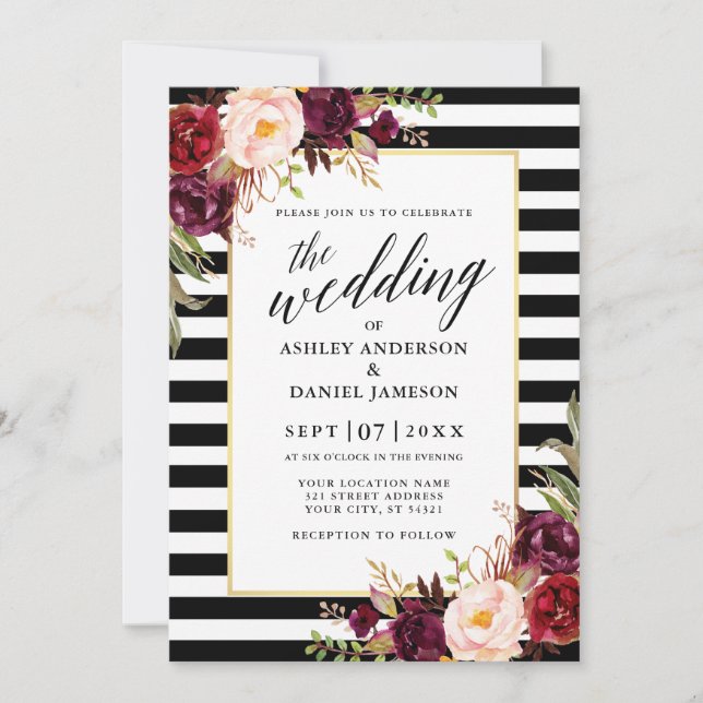 Modern Calligraphy Burgundy Floral Striped Wedding Invitation (Front)
