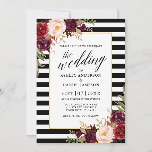 Modern Calligraphy Burgundy Floral Striped Wedding Invitation